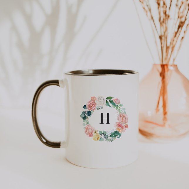 Taza Rubor Floral Wreath Monograma café Mug (Subido por el creador)