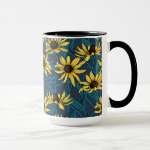 Taza Rudbekia amarilla sobre azul marino