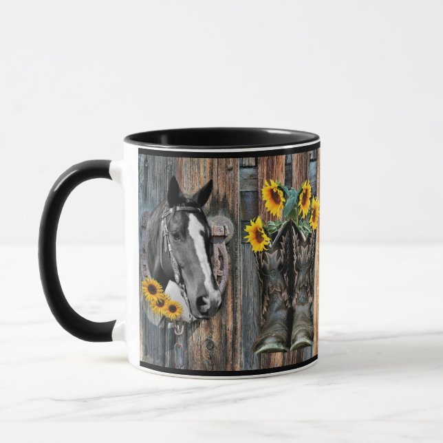 Taza Russe Western Horse Cowboy botas Sunflowers (Izquierda)