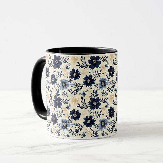Taza Rustic Dark Blue Beige Flower Folk Art Print (Anverso izquierdo)
