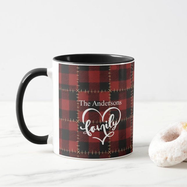 Taza Rustic Farmhouse Red Buffalo Plaid Family Name  (Con donut)