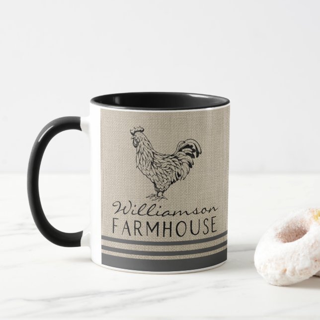 Taza Rústica granja Rooster nombre familia Burlap (Con donut)