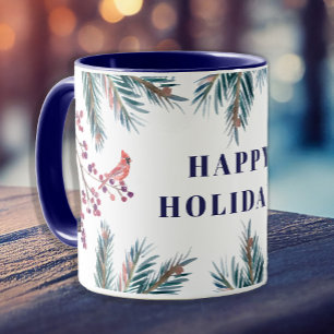 Taza Rústico y moderno Happy Holidays pinares y pájaros