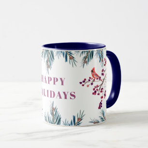 Taza Rústico y moderno Happy Holidays pinares y pájaros