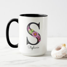 S Monograma Morado Floral Nombre Personalizado Mug