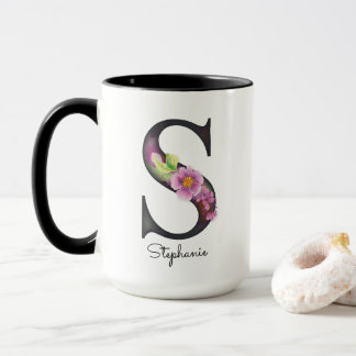 Taza S Monograma Morado Floral Nombre Personalizado Mug