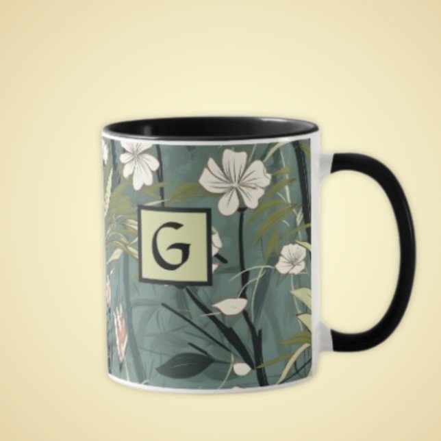 Taza Sage Green Black Floral Japanese Style Monogram  (Subido por el creador)