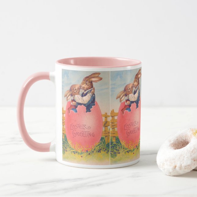 Taza Saludo de Pascua Victoriano Antiguo Dos Conejos se (Con donut)