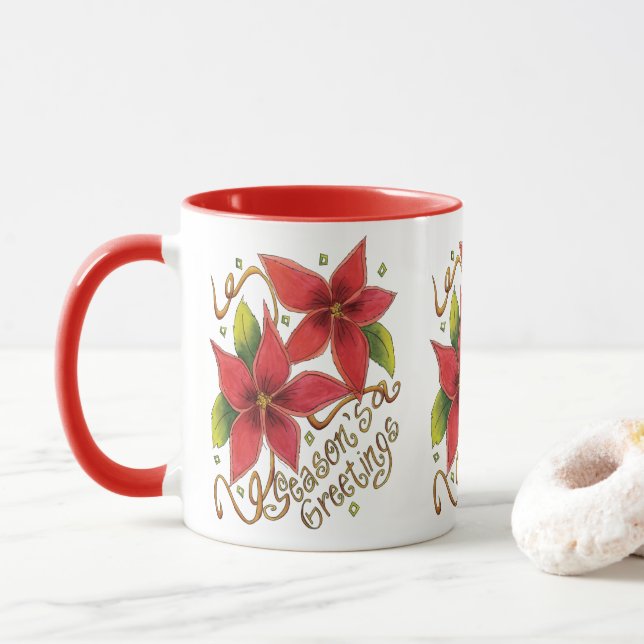 Taza Saludos de la temporada de Navidades con Poinsetti (Con donut)