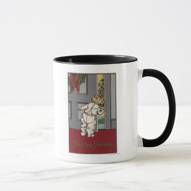 Taza Saludos de los navidadesNiño buscando a Santa Clau (Derecha)