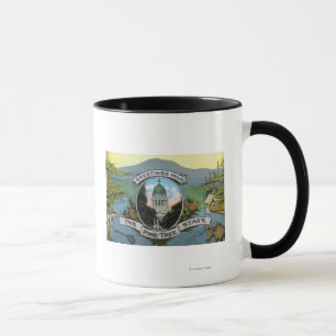 Taza Saludos del estado del árbol de pino, escénico
