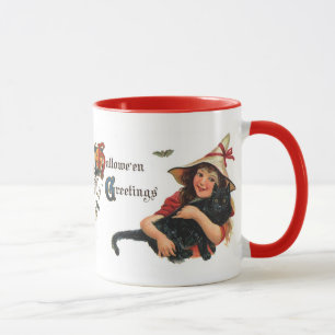 Taza Saludos vintage de Halloween, niña bruja con gato