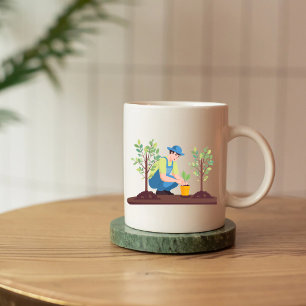 Taza Salvar la Tierra, hombre plantando un árbol en un