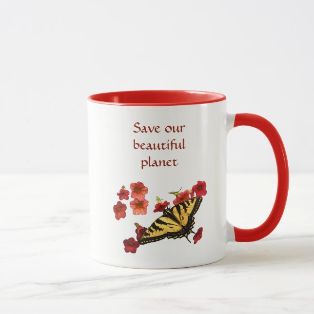 Taza Salvar nuestro planeta Mariposa Amarilla Flores Ro (Derecha)