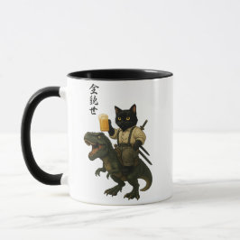 Taza Samurai Cat with Beer & T-Rex | Retro Japanese Art