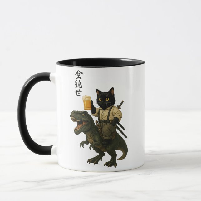 Taza Samurai Cat with Beer & T-Rex | Retro Japanese Art (Izquierda)