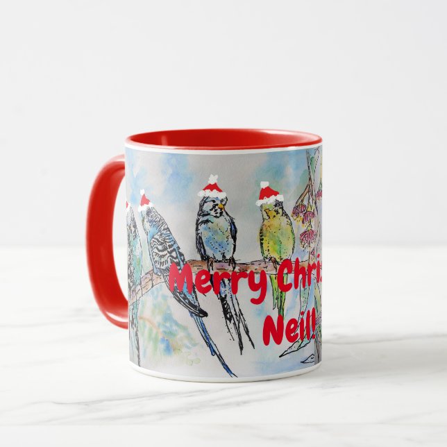 Taza Santa Budgie Merry nombre de Navidad Mug Red (Anverso izquierdo)