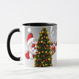 Taza Santa claus and reindeer behind a christmas tree.j