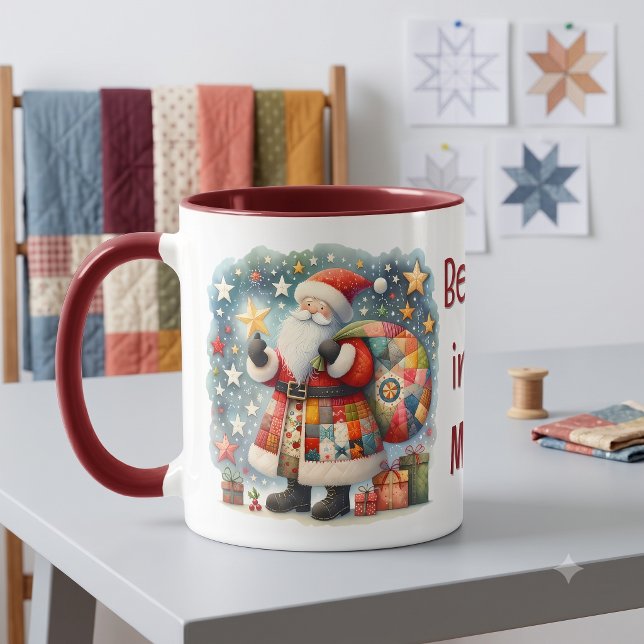 Taza Santa Claus de Patchwork Acolchado con Estrellas d (Quilted Patchwork Santa with Christmas Stars Mug)