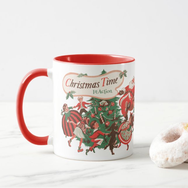 Taza Santa Claus navideño vintage y niños bailando (Con donut)