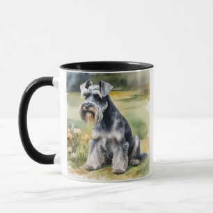 Taza Schnauzer en miniatura en el jardín - acuarela