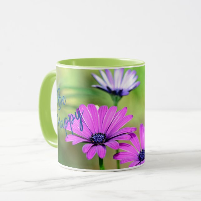 Taza Sé Feliz con flores y nombres (Anverso izquierdo)