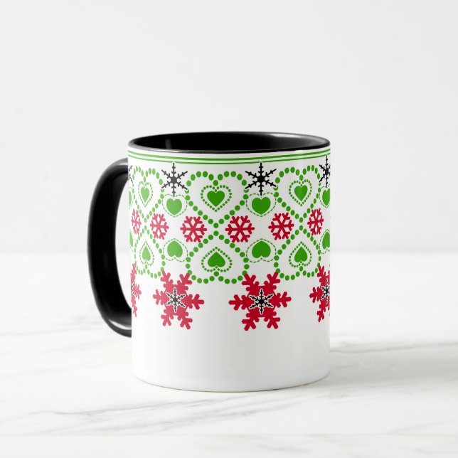 Taza Seamless Merry Christmas ornamental snowflake hear (Anverso izquierdo)