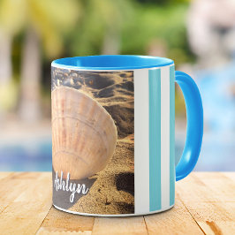 Taza Seashell Beach Photo Script Nombre personalizado m