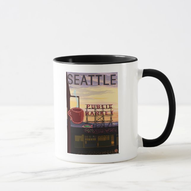 Taza SeattlePike Place Mercado Rótulo y vistas al agua (Derecha)