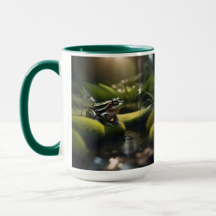 Taza Serenidad Esmeralda: Una rana verde junto al río,