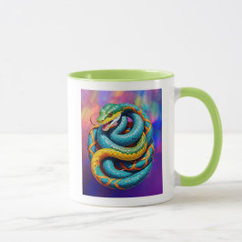 Taza Serpent géant coloré enroulé sur fond coloré.