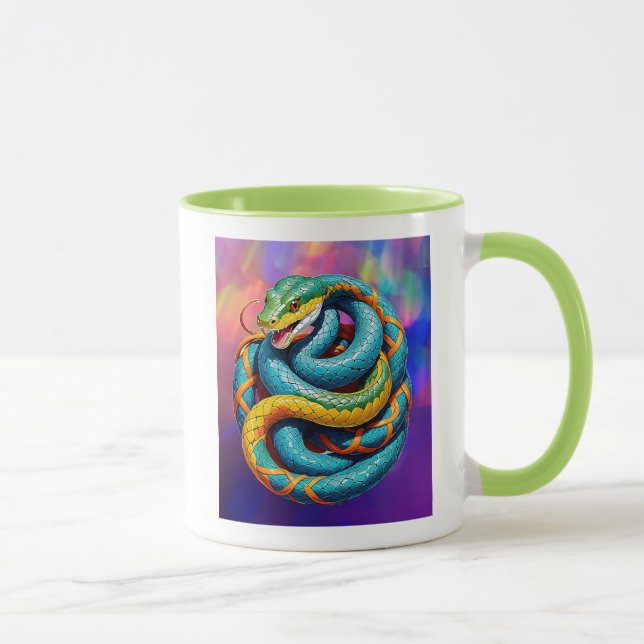 Taza Serpent géant coloré enroulé sur fond coloré. (Derecha)