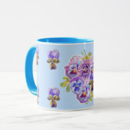 Taza Shabby Chic Blue Pansy Floral Polka Dot Mug
