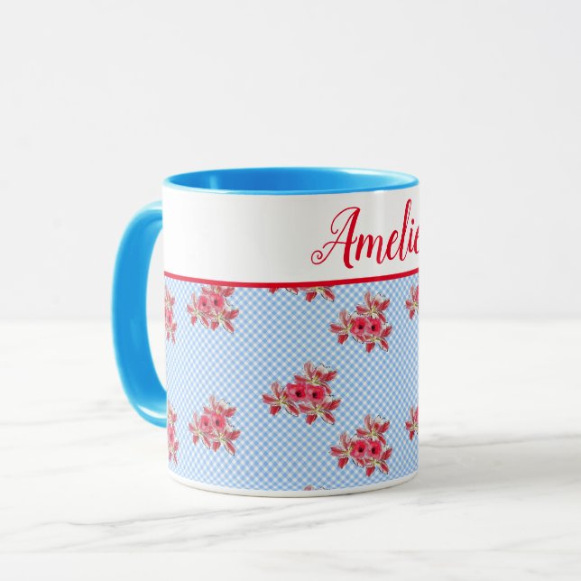 Taza Shabby Chic Blue Red Floral Lily Gingham Art Mug (Anverso izquierdo)