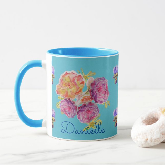 Taza Shabby Chic Blue Rosa Floral Viola Flower Mug (Con donut)