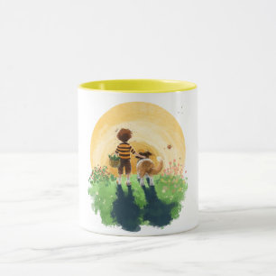Taza Sheltie perro y niño caminan hacia la puesta de so
