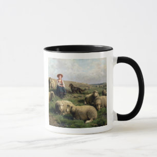 Taza Shepherdess con las ovejas en un paisaje