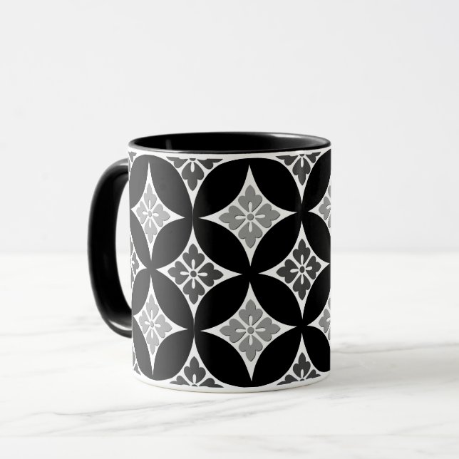 Taza Shipo con motivos florales, negro, blanco y gris (Anverso izquierdo)
