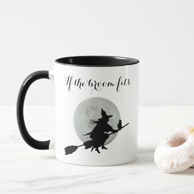 Taza "Si la escoba encaja..." bruja voladora con el gat (Con donut)