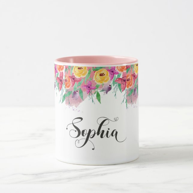 Taza Signo de nombre Sophia caligrafía floral de Sophia (Centro)