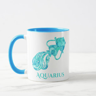Taza Signo zodiacal de Acuario en un fractal turquesa