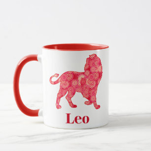Taza Signo zodiacal de Leo en un patrón fractal rojo