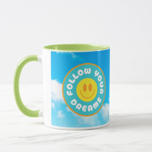 Taza Sigue tus sueños feliz cara mug con mango verde (Izquierda)