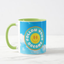 Sigue tus sueños feliz cara mug con mango verde