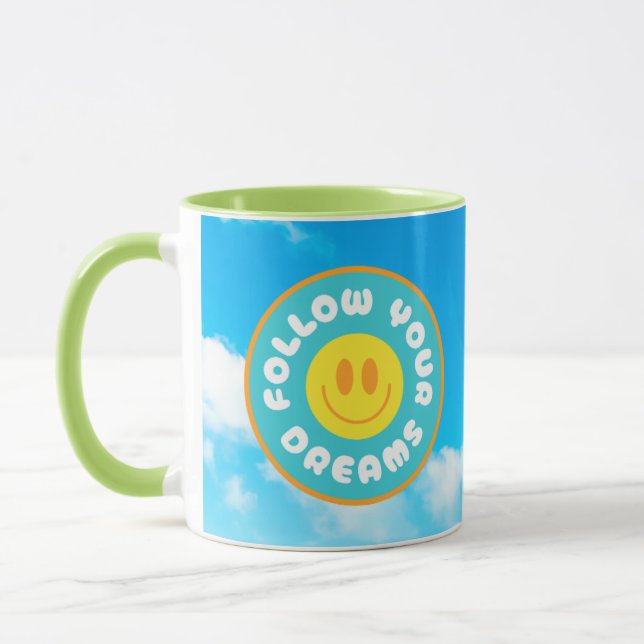 Taza Sigue tus sueños feliz cara mug con mango verde (Izquierda)