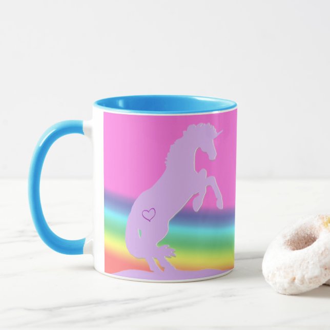 Taza Silhouette de Lavender Unicorn (fondo arco iris) (Con donut)