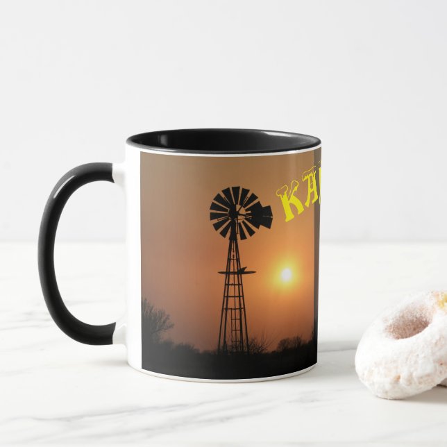 Taza Silhouette Smoky Sky Coffee Mug de Kansas Windmill (Con donut)