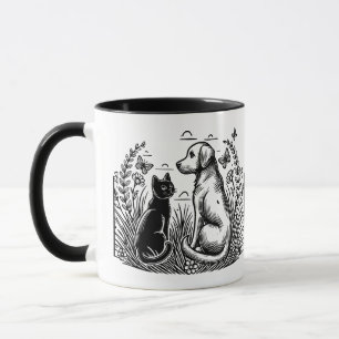 Taza Silueta de Gato Negro y Retriever Dorado