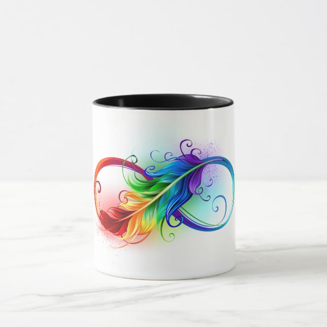 Taza Símbolo infinito con plumas arcoiris