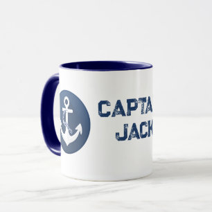 Taza Símbolo Náutico de Ancla Clásico Blanco Azul Marin